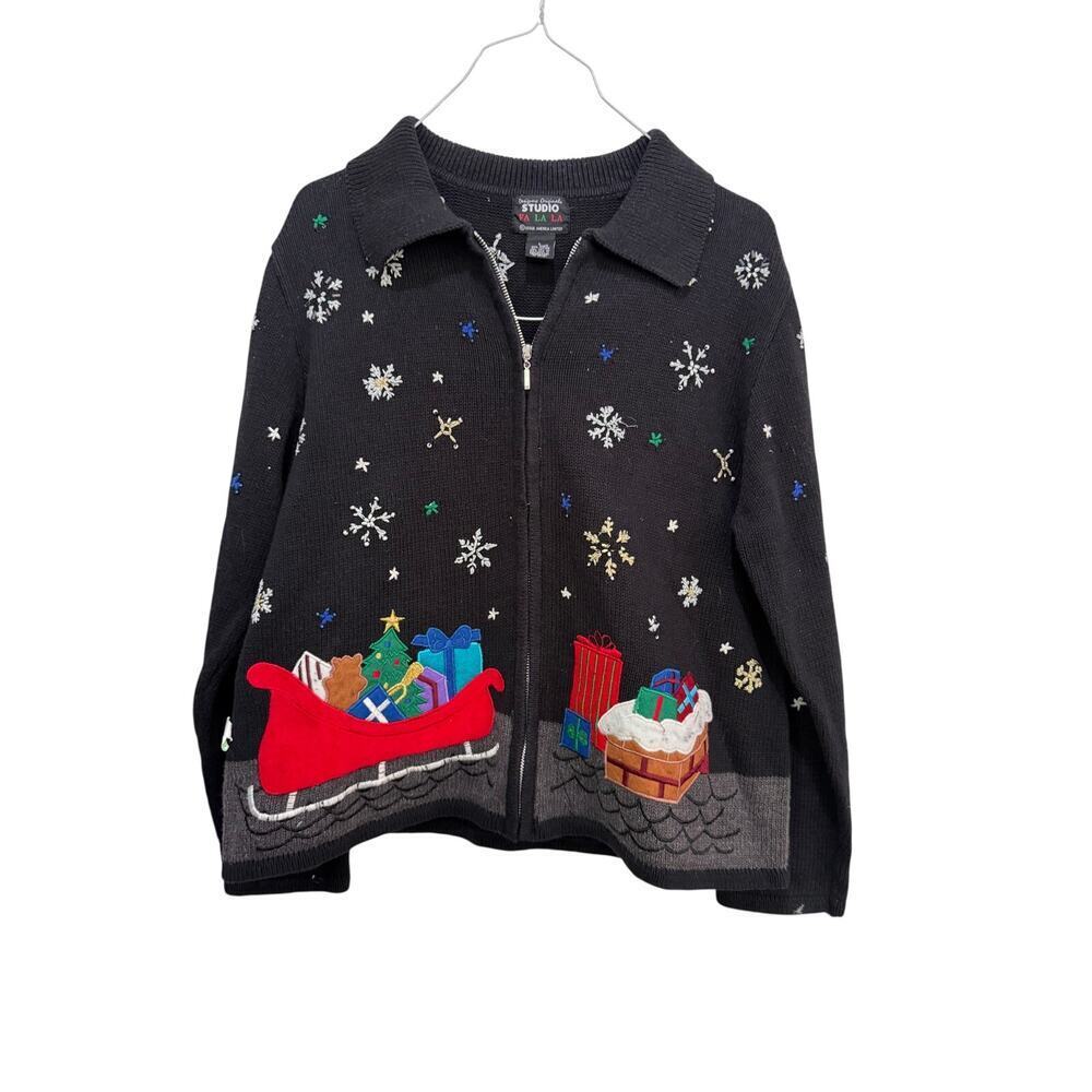 Studio Fa La La Cardigan Sweater Fair Isle Christmas Holiday Black Size Large